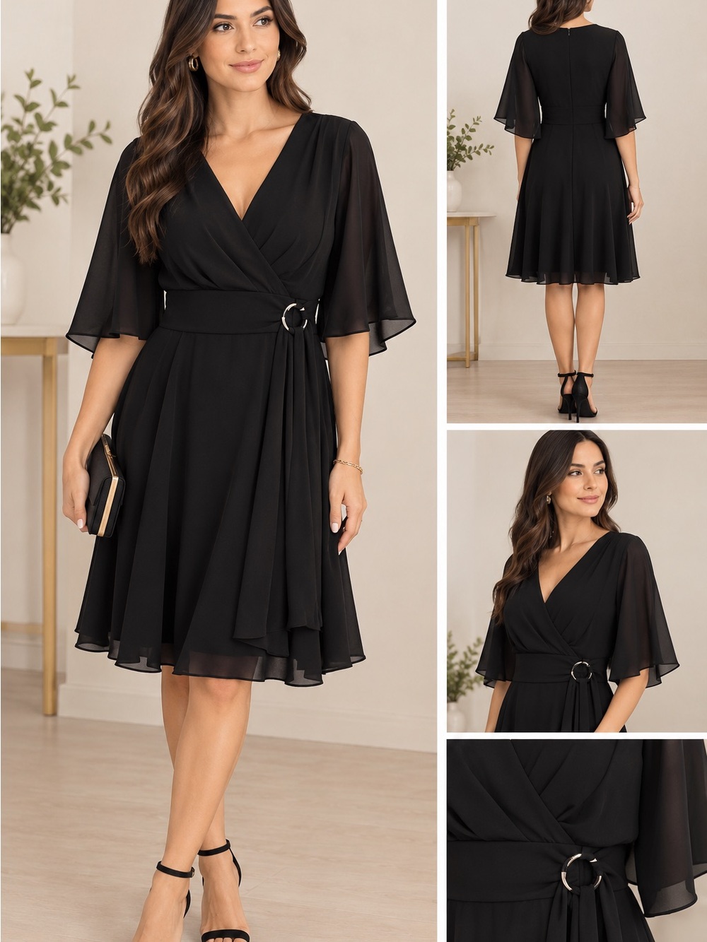 Alex Marie Black Wrap Midi Dress with Ring Sash Detail
